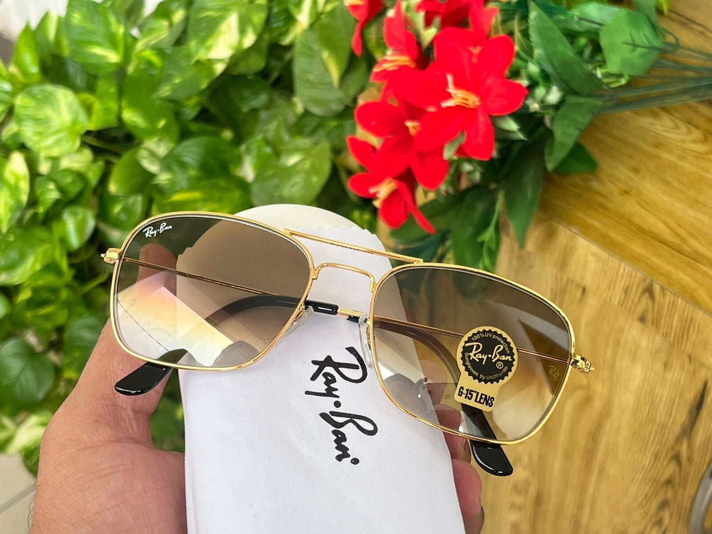 RAY-BAN New Modern Stylish Addition Shaded Brown Shade & Gold 3136 Square Sunglass For Unisex